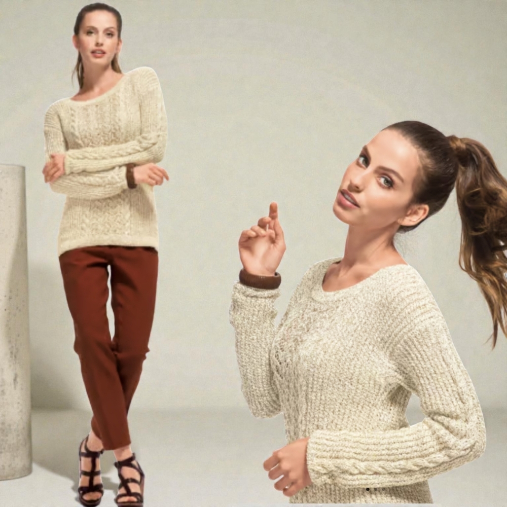 Massimo Dutti Women's Beige Marl Cable Knit Open Weave Sweater
